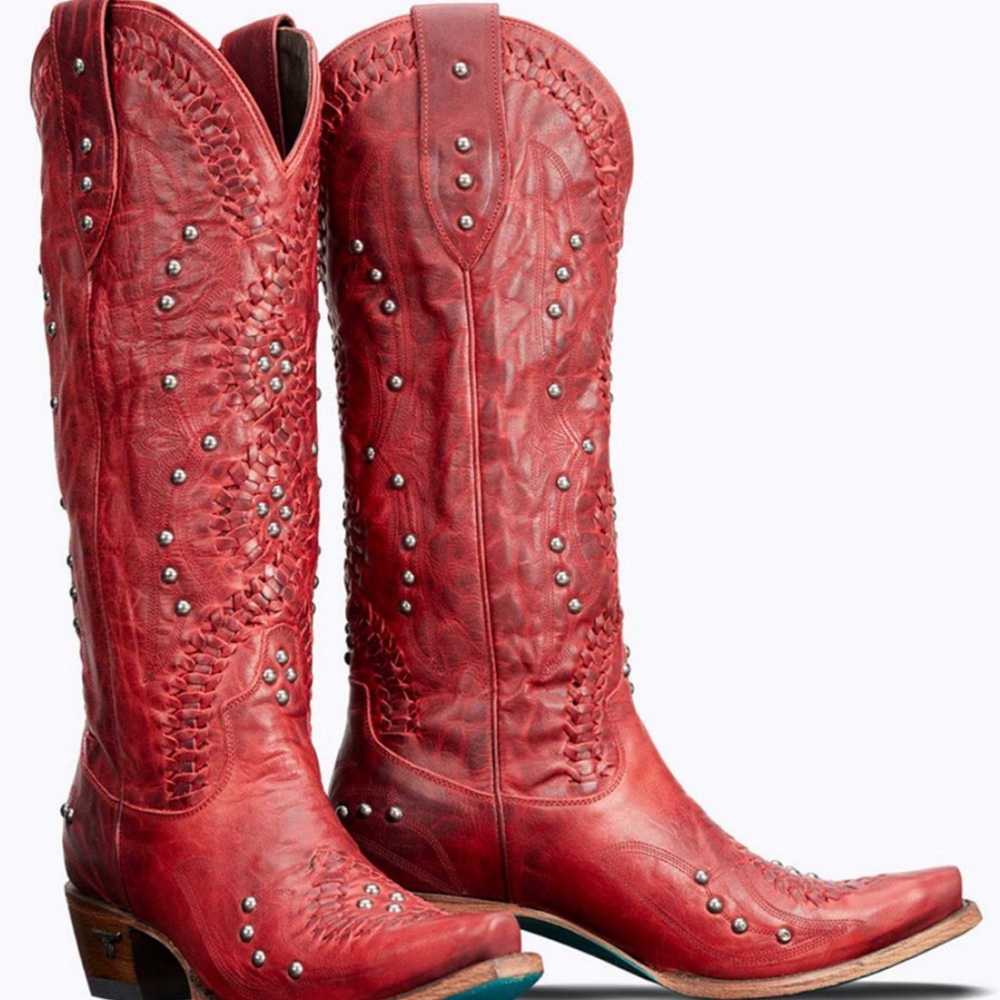 Lane Cossette Red Leather Cowboy Boots with Studs - Picture 3 of 7